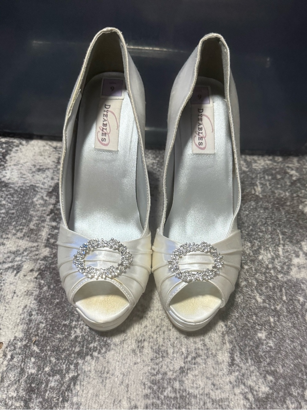 Ivory Satin Peep-Toe Heels with Rhinestone Buckle by Dearest